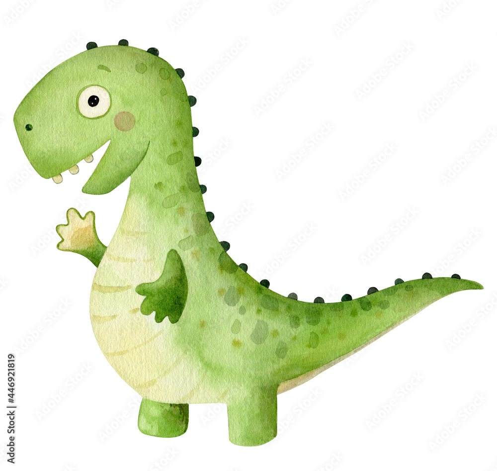Obraz premium Green dinosaur. Cartoon tyrannosaur. Watercolor illustration isolated on white.