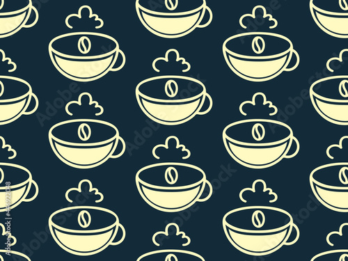 Coffee cup, beans seamless pattern. Outline icons style design, cream color. Black berry editable color background. Vector