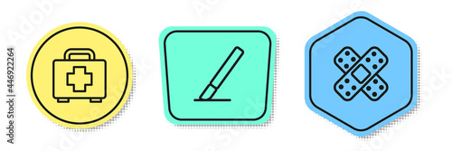 Set line First aid kit, Surgery scalpel and Crossed bandage plaster. Colored shapes. Vector