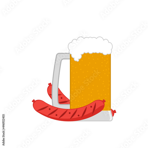Large beer mug with fried sausages. Isolated vector illustration and clipart on blank background.