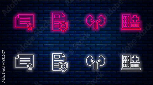 Set line Patient record, Human kidneys, Certificate template and Hospital building. Glowing neon icon on brick wall. Vector