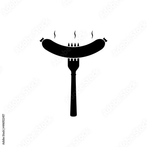 Fried sausage and fork. Food theme. Isolated vector illustration drawing on a blank background. Black and white silhouette.