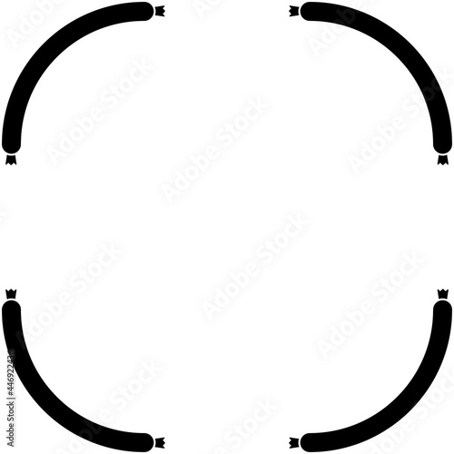 Frame of four thin sausage in the corners on blank background. Food theme. Space for logo, menu, text, template for design. Vector illustration and drawing. Black and white silhouette.

