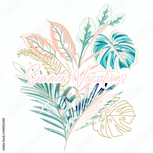 Tropical vector illustration with palm leaves, summer vacations