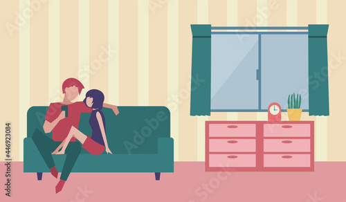 部屋で見つめ合う男女　恋人　夫婦　パートナー　人物フラットイラスト　