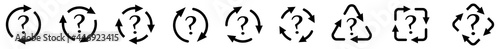 Question mark icon in arrows forming cycle, two three and four arrow version. Unknown change or loop concept