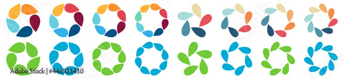 Water drops or leaves shaped object forming circle flower, version with five to eight petals - can be used as infographics element