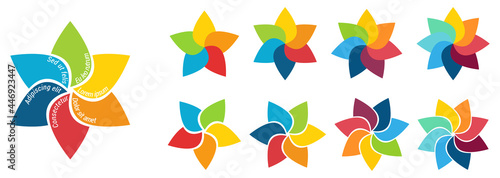 Drop like shapes forming colourful rosette or star, version with five to eight segments - can be used as infographics element