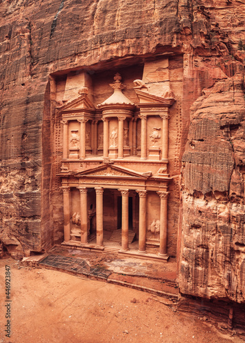 Front of Al-Khazneh (Treasury temple carved in stone wall - main attraction) in Lost city of Petra