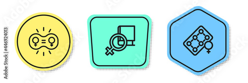Set line Gender equality, Book about women and Packaging of birth control pills. Colored shapes. Vector