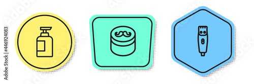 Set line Bottle of shampoo, Gel or wax for hair styling and Hair clipper. Colored shapes. Vector