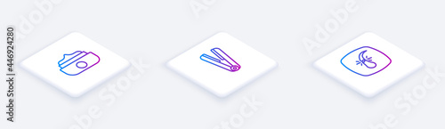 Set Isometric line Gel or wax for hair styling, Curling iron and Broken follicle. White square button. Vector