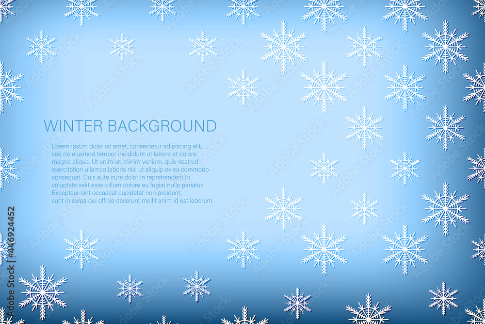 Christmas card with white snowflakes on blue background. Isolated snowflakes icon. Empty paper shape. Winter cartoon flat illustration. Copy space. Holiday pattern, banner, frame, greeting card design Christmas card with white snowflakes on blue background. Isolated snowflakes icon. Empty paper shape. Winter cartoon flat illustration. Copy space. Holiday pattern, banner, frame, greeting card design