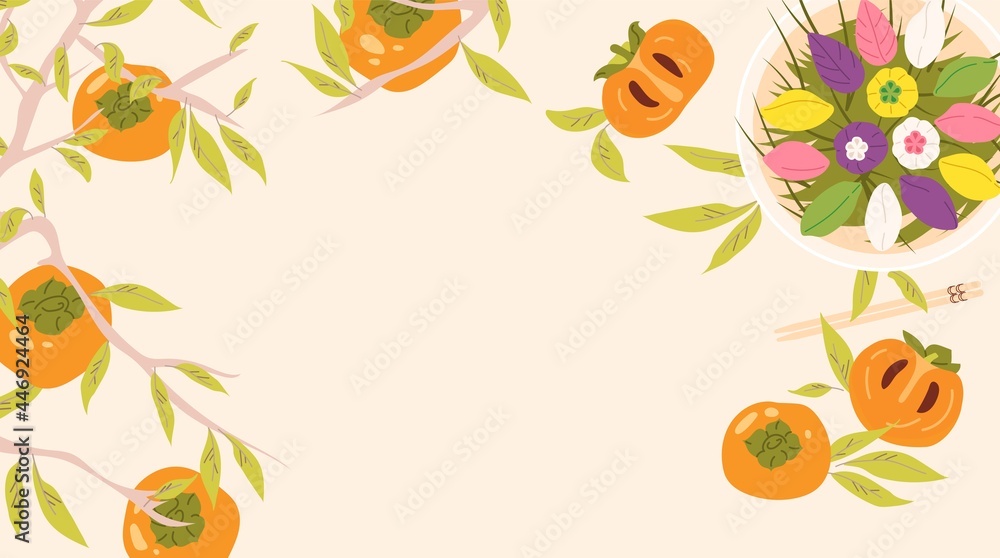 Chuseok or Hangawi with persimmon fruits and songpyeon rice cake, sticks. Frame with branches and copy space for Mid autumn festival. Traditional food on Korean Thanksgiving Day. Vector illustration Chuseok or Hangawi with persimmon fruits and songpyeon rice cake, sticks. Frame with branches and copy space for Mid autumn festival. Traditional food on Korean Thanksgiving Day. Vector illustration