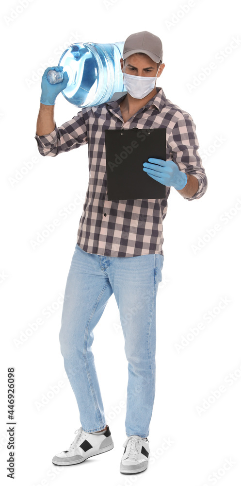 Courier in medical mask with bottle for water cooler and clipboard on white background. Delivery during coronavirus quarantine Courier in medical mask with bottle for water cooler and clipboard on white background. Delivery during coronavirus quarantine