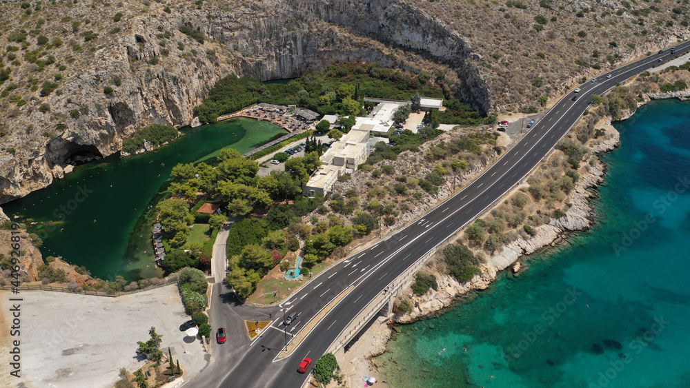 Aerial drone, photo from volcanic lake Vouliagmeni meaning Aerial drone, photo from volcanic lake Vouliagmeni meaning