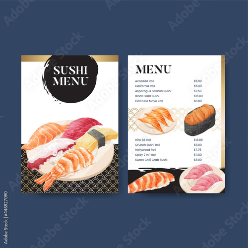 Menu template with premium sushi concept,waterolor style