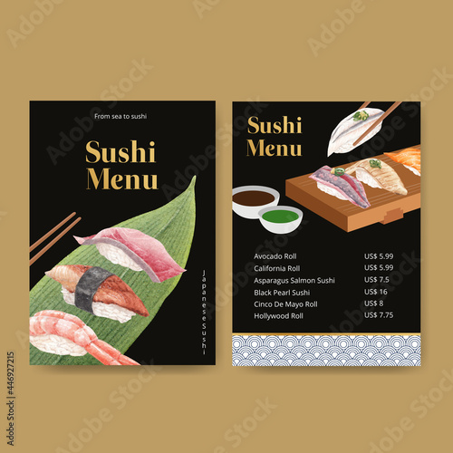 Menu template with premium sushi concept,waterolor style