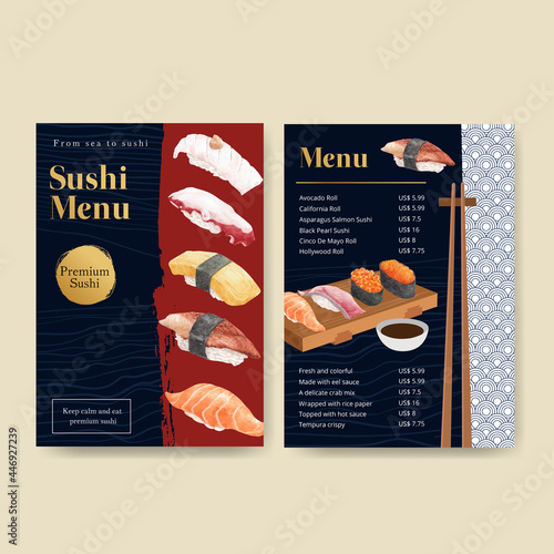 Menu template with premium sushi concept,waterolor style