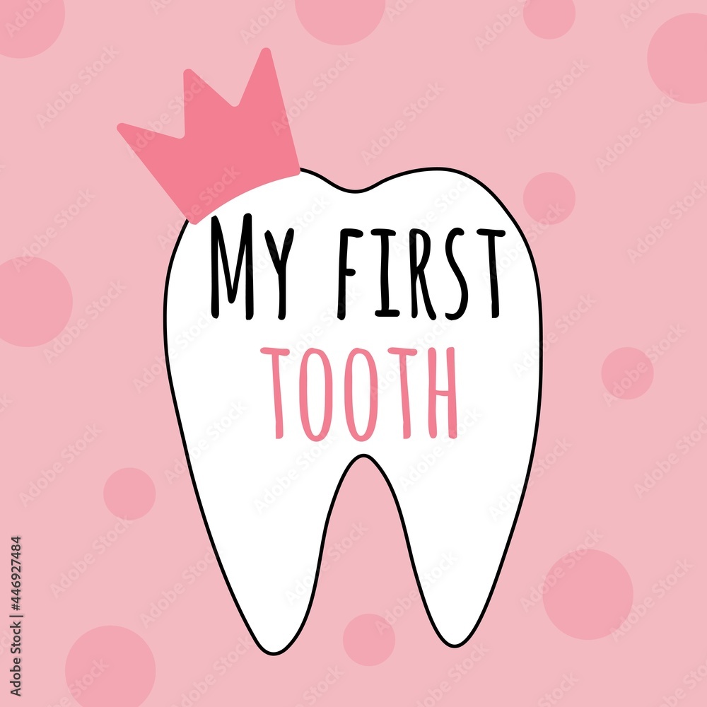 My first tooth pink vector illustration for kids party.
Baby girl first lost tooth concept. - obrazy, fototapety, plakaty 