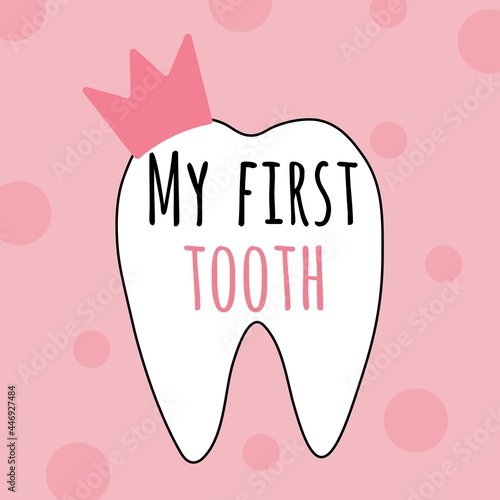 My first tooth pink vector illustration for kids party.
Baby girl first lost tooth concept.