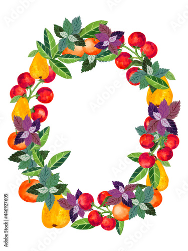 Watercolor Illustration hand painting foliage orange pear tomato and leaves round wreath on white