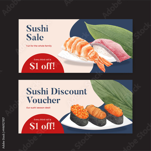 Voucher template with premium sushi concept,waterolor style