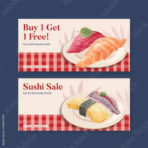 Voucher template with premium sushi concept,waterolor style