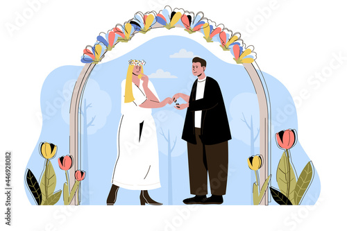 Wedding ceremony concept. Bride and groom exchange rings, couple get married situation. Love relationships people scene. Vector illustration with flat character design for website and mobile site