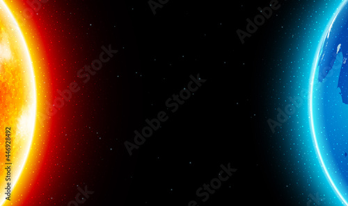 Panoramic view of the Earth, sun, star in galaxy. Vector sun star and planet earth in space. Cosmic background. Earth and the Sun. Realistic 3d vector illustration EPS10.