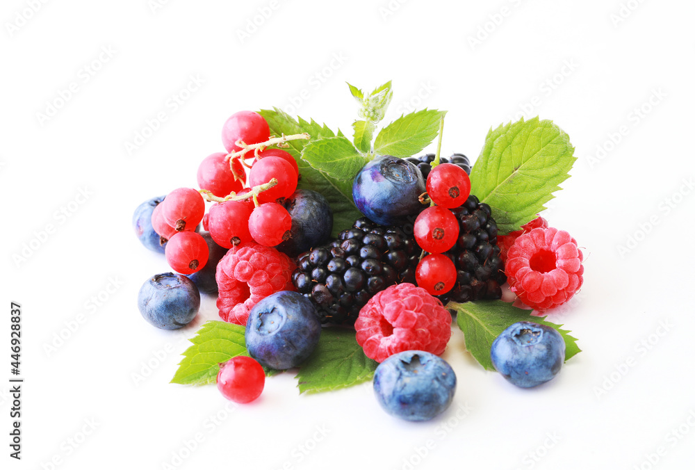Fresh berries mix isolated on white background, top view. Strawberry, Raspberry, Red currant, Blueberry and Mint leaf Fresh berries mix isolated on white background, top view. Strawberry, Raspberry, Red currant, Blueberry and Mint leaf