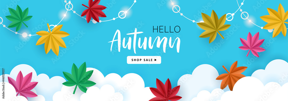 Autumn sale banner template for social media advertising, invitation or poster design with paper art fall leaves background.