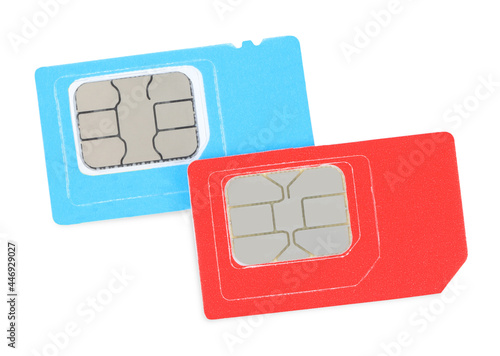 Modern SIM cards on white background, top view photo