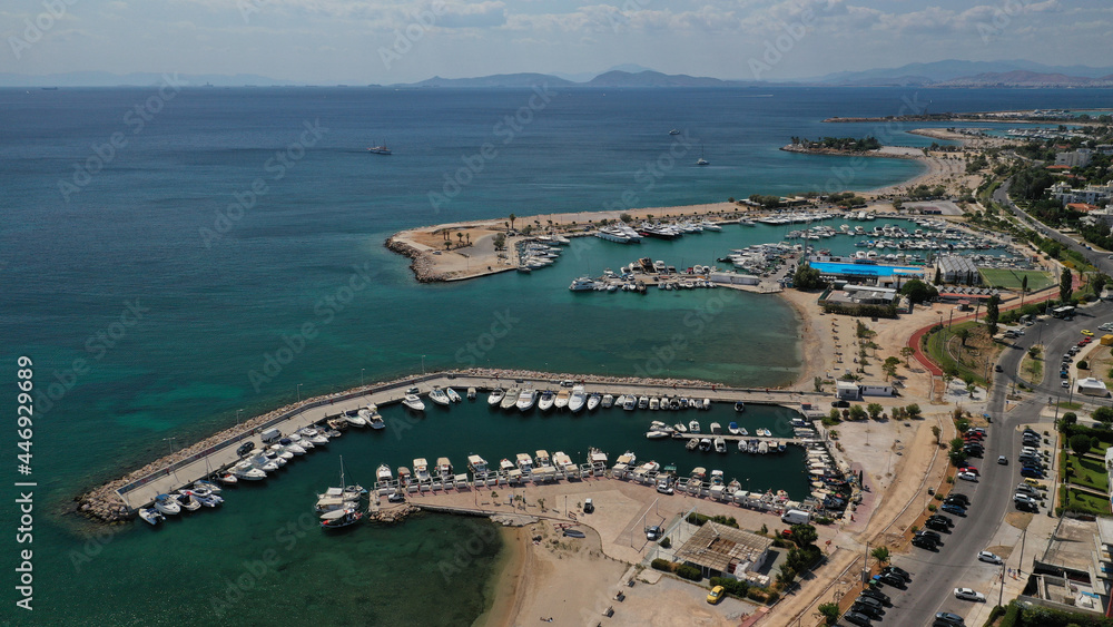 Fototapeta premium Aerial drone photo of seaside area with ports and beaches of Glifada, Athens riviera, Attica, Greece