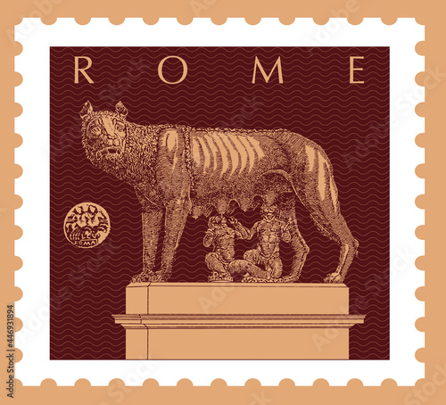 Vector image of a postage stamp with the Roman Monument of the Kopitolian She-Wolf, made in a graphic style.
