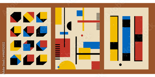 Set of four vertical geometric posters. Pattern for decorating interiors. Modern minimalistic decor in pleasant colors. Vintage faded background with various shapes, dots, lines.