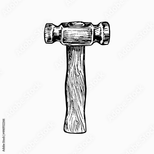Hammer with wooden handle, gravure style hand drawn vector outline illustration