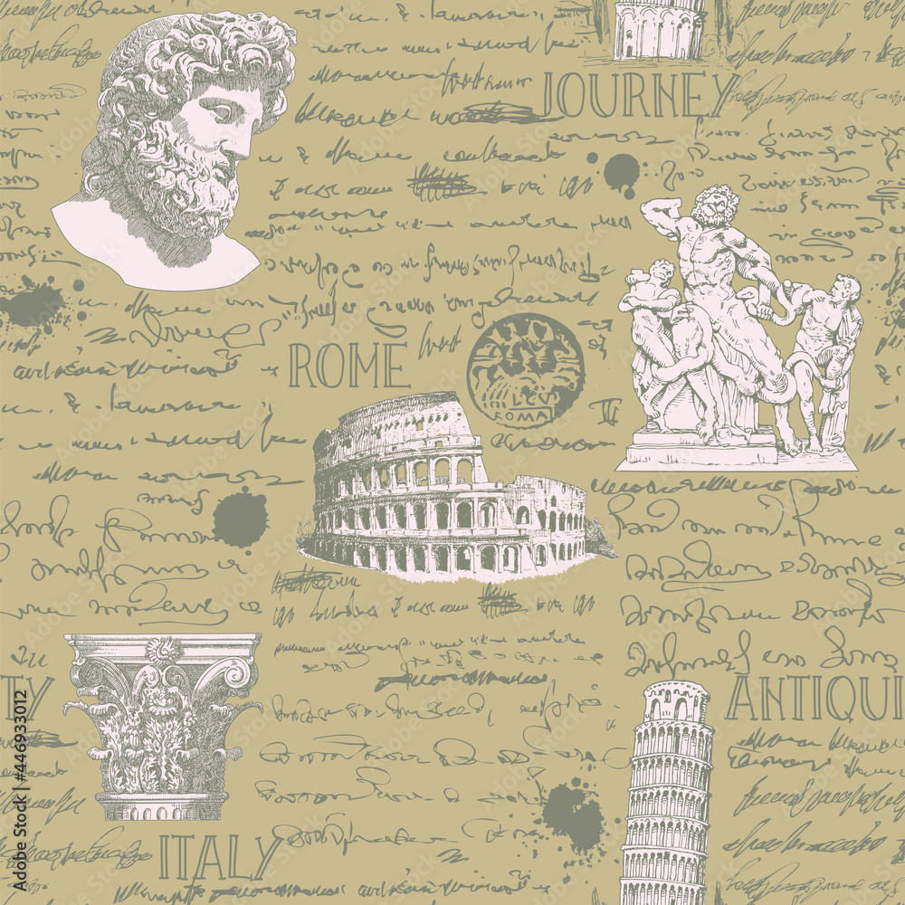 vector image of seamless texture with antique italy landmarks in the ...