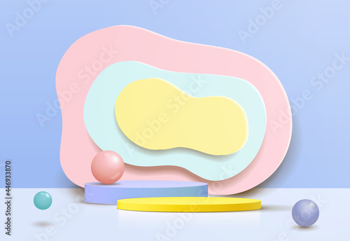 3D white cylinder pedestal podium with abstract wall scene. Modern vector rendering geometric platform for product display presentation.