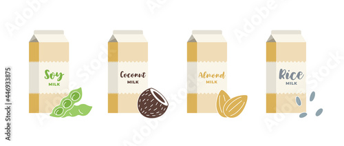 Soy, almond, coconut and rice cardboard box set. Vegetarian lactose dairy free drink packaging collection. Healthy vegan beverage packages. Isolated flat vector eps illustration
