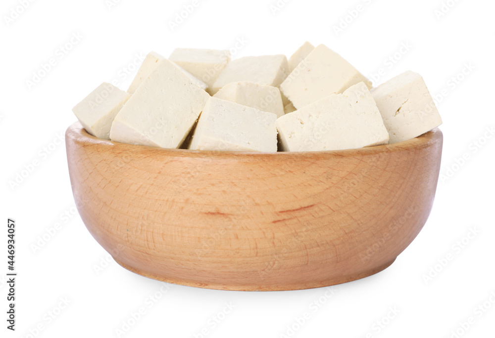Wooden bowl with delicious tofu isolated on white Wooden bowl with delicious tofu isolated on white