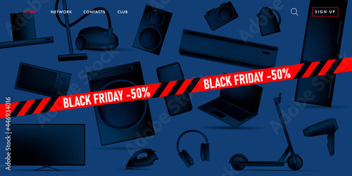 Black Friday sale advertiving banner on promo landing page with 3d illustration of different home and smart electronic devices, black gradient stylized objects with red ribbon