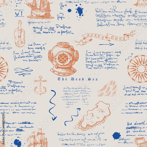 Vector image of a seamless texture in the style of a medieval nautical record of the captain's diary engraving sketch
