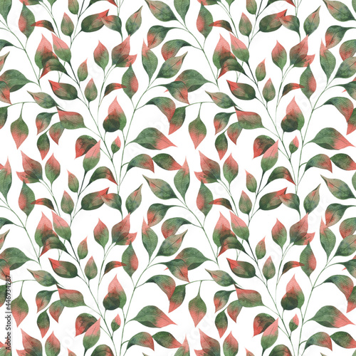 Watercolor pattern with autumn leaf branches  green leaves with red tips on a white background.Autumn botanical illustration for postcards  decor  fabrics