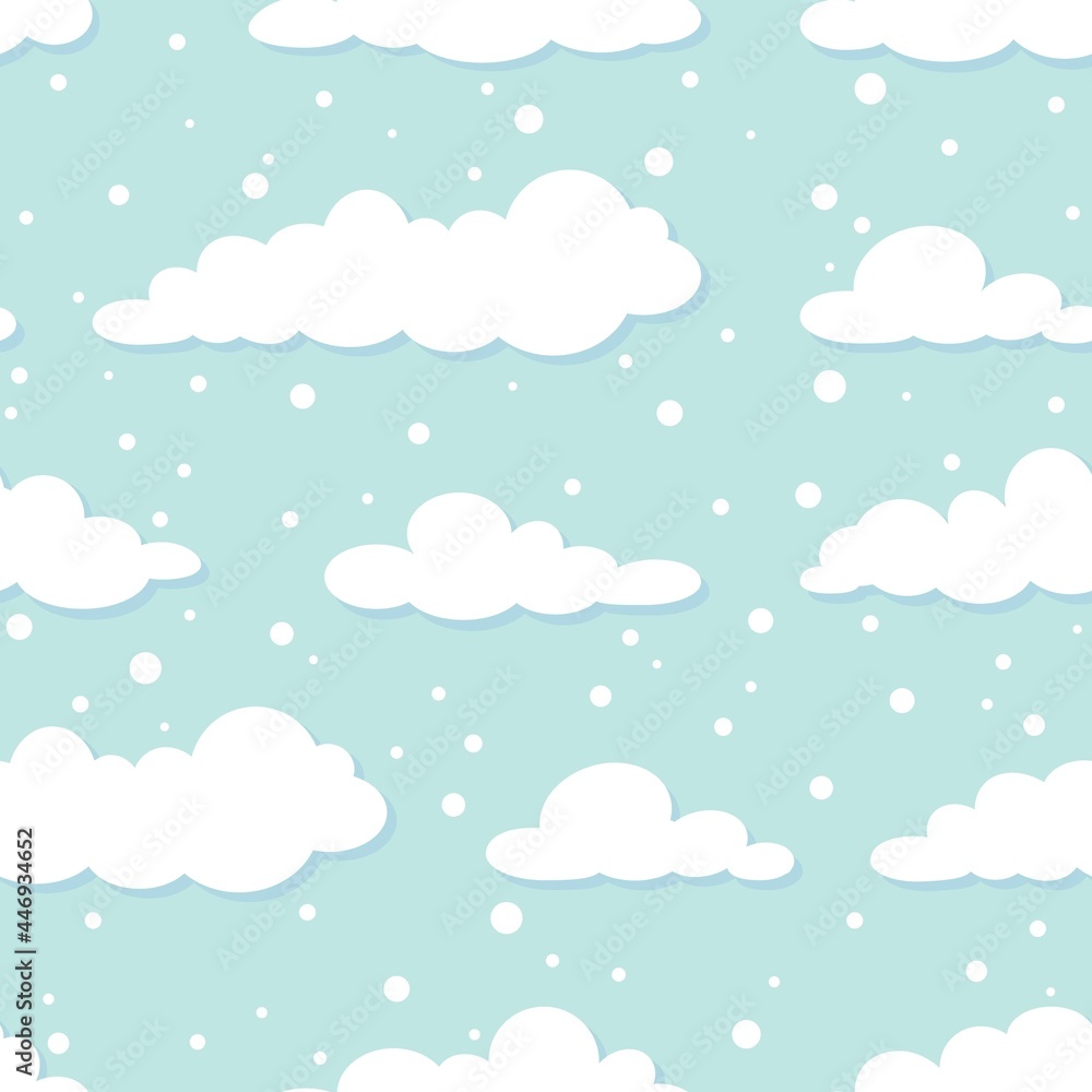 Winter Seamless pattern with white clouds and flat snowflakes and dots on blue sky.