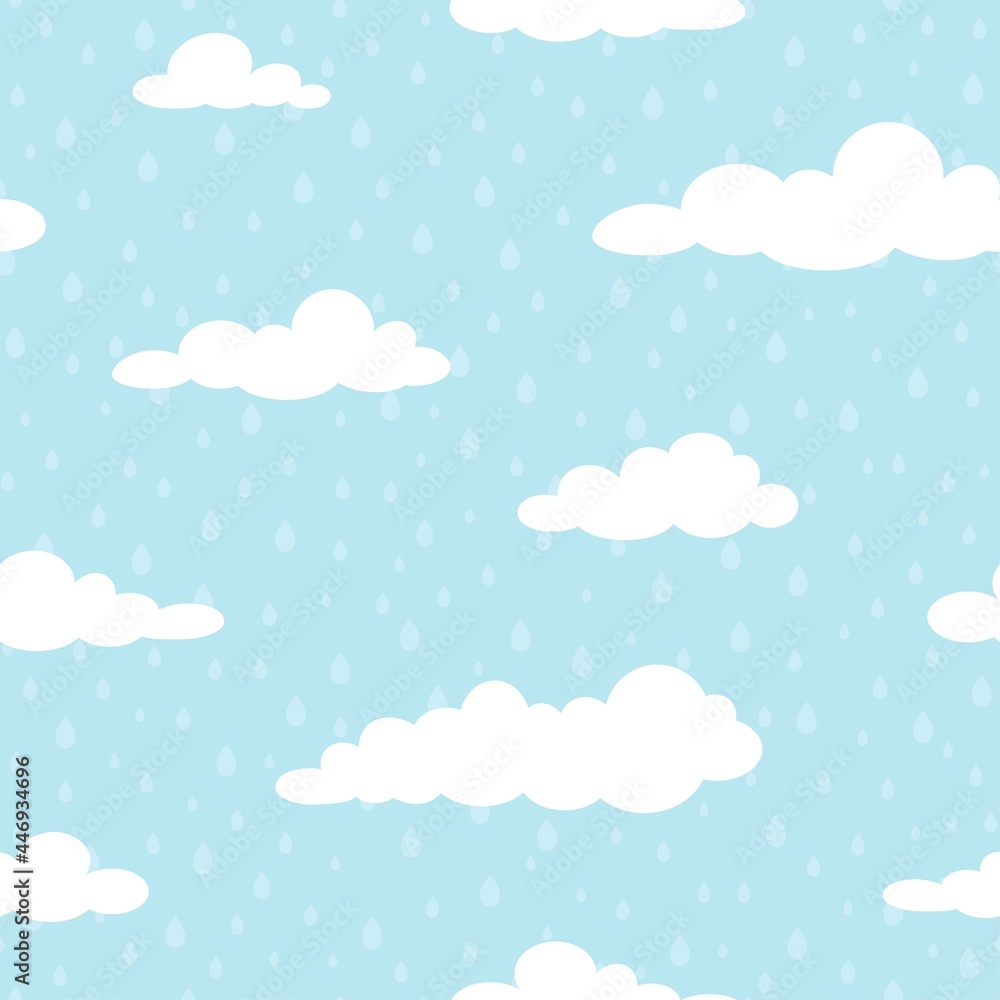 Seamless background with white clouds and raindrops on blue sky.