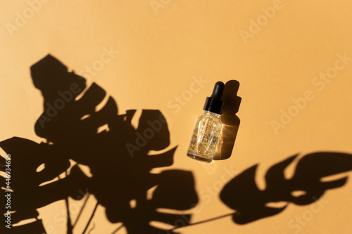 Fototapeta Naklejka Na Ścianę i Meble -  A dropper bottle of transparent essential oil with gold parts. Natural cosmetics concept
