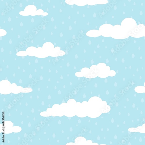 Seamless background with white clouds and raindrops on blue sky.