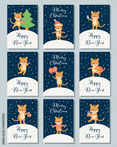 Merry Christmas and Happy New Year greeting cards set. Banners with cute tiger  symbol 2022  year mascot. Holiday winter concept with vector character