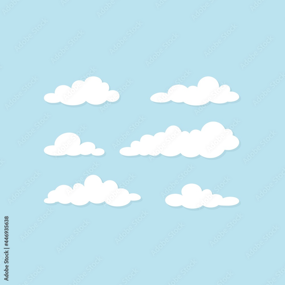 set of white clouds on blue sky. Overcast icon. Vector air flat illustration Cartoon weather sign. Cloudy day. Season symbol. Hosting or data symbol.